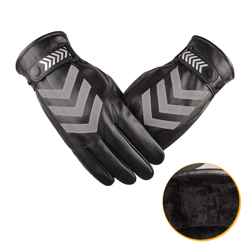 

Winter Men PU Leather Mitten Keep Warm Windproof Outdoor Reflective Strip Gloves Guard On Duty Gloves
