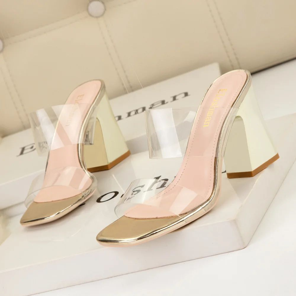 European and American style simple sexy banquet with women's sandals square toe transparent block heel open-heeled slippers