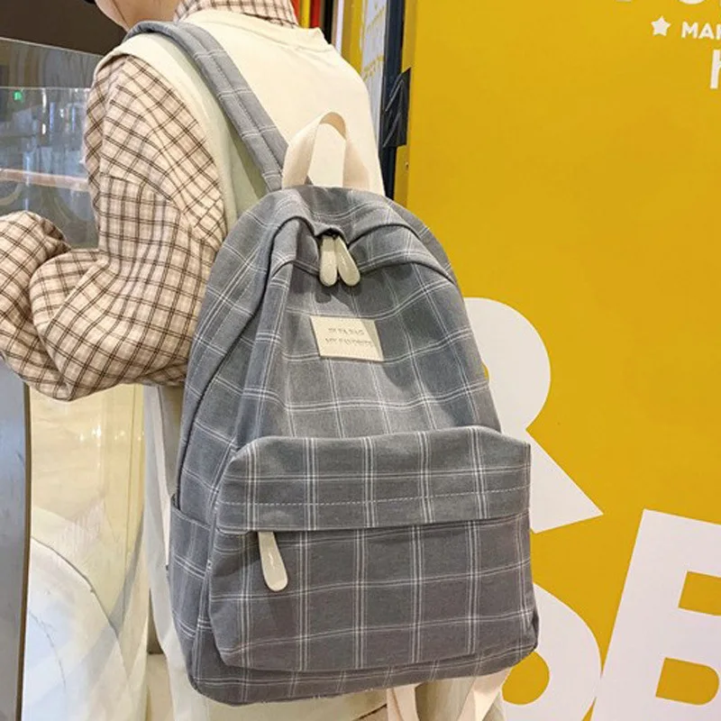 

Plaid Canvas Backpack Female Middle School Students Large-Capacity Shoulder Bag Fashion Simple Leisure Schoolbag Computer Bag