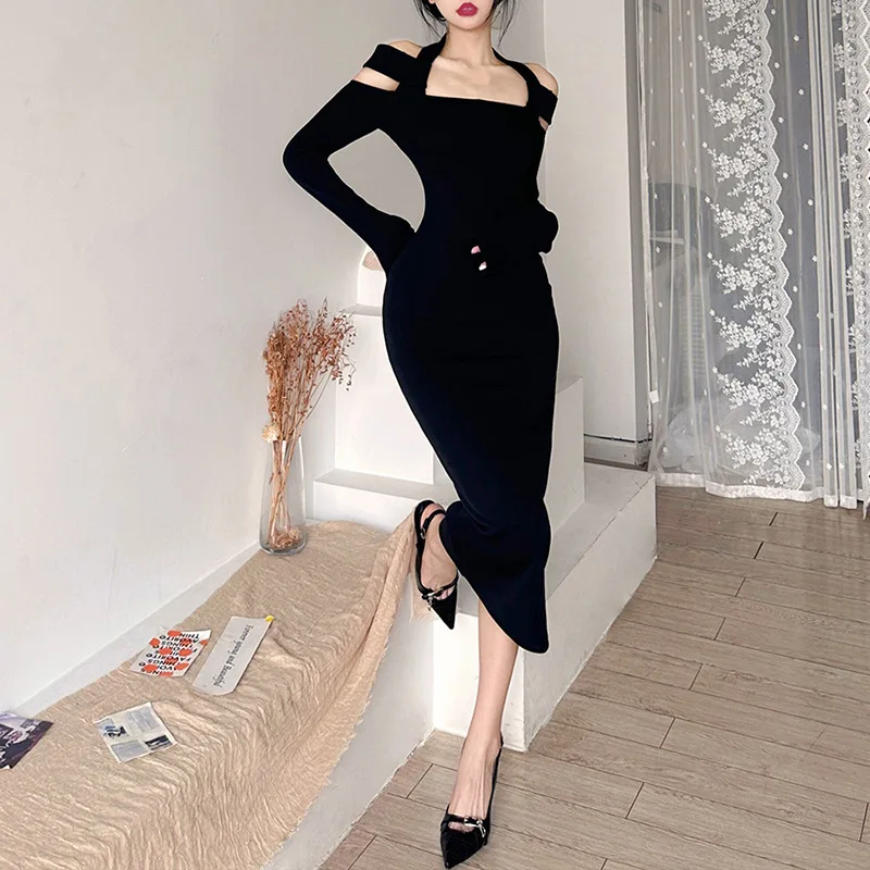 

Женское однотонное длинное платье с длинным рукавом и высокой талией