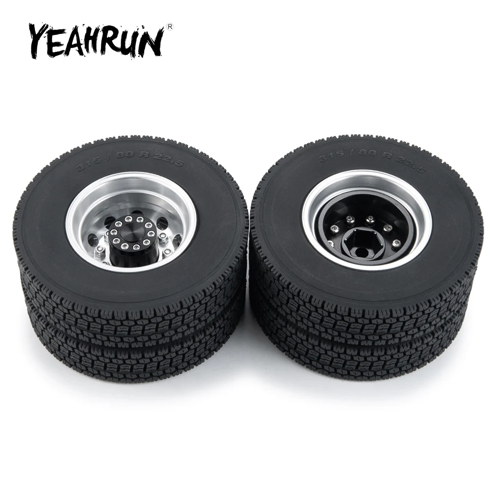 

YEAHRUN Beadlock CNC Metal Alloy Rear Wheel Rims + 22mm Rubber Tires for 1/14 Tamiya RC Trailer Tractor Truck Car Model Parts