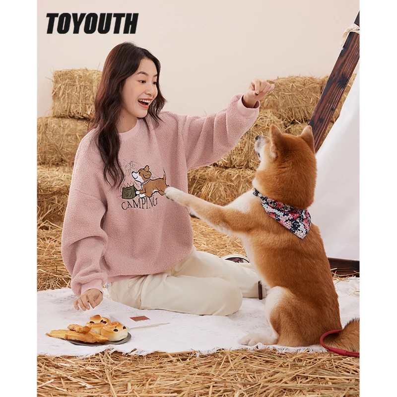 

Toyouth Women Fleece Sweatshirt 2022 Winter Long Sleeve Half Turtleneck Loose Hoodie Dog Print Warm Casual Streetwear Pullover