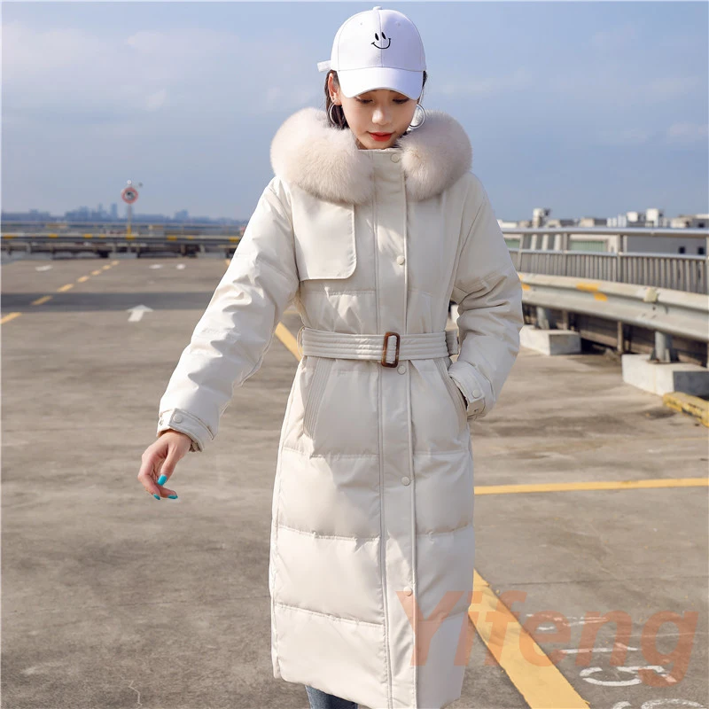Autumn And Winter 2022 New Big Fur Collar Hooded  Women's Long Show thinness Slim White Duck Down Jacket Warm Belt Coat