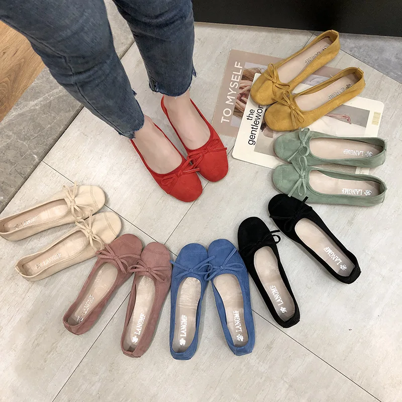 

Low Heels Korean Shoes Women Soft Female Footwear Shallow Mouth 2023 Comfortable New Dress PU Flock Concise Fabric Fashion Rubbe