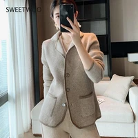 100 cashmere wool sweater cardigan autumn winter herringbone pattern suit collar sweater coat casual loose knitted jacket 2022