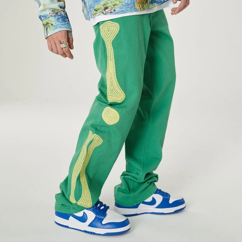 

High Street Fashion Bone Embroidery Jeans Men Women Hip-Hop Green Retro Jeans Homme Washed Straight Loose Men Jeans Trousers