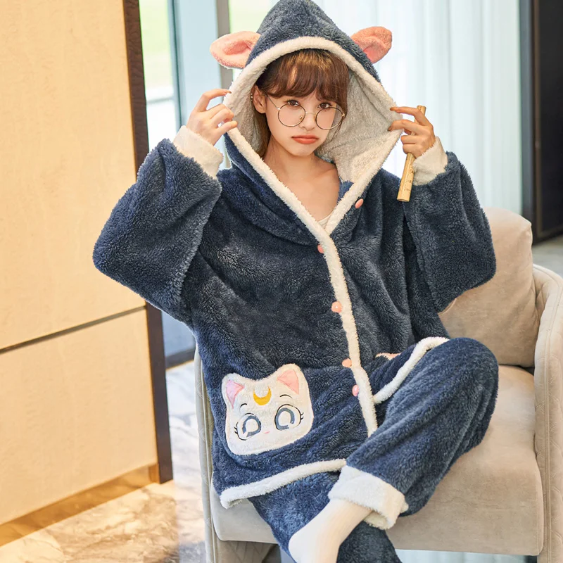 FUNISHI Winter Pajamas Inspissate pijama mujer Plush Women's pajamas Loose Version Hooded Pajama Set Plus Size 3XL Cartoon