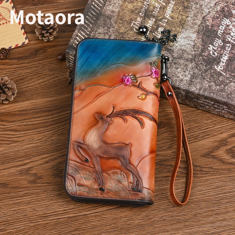 MOTAORA 2022 New Women Long Wallets Vintage Woman Wallet Genuine Leather Deer Embossed Phone Bag Lady Hand-painted Leather Purse