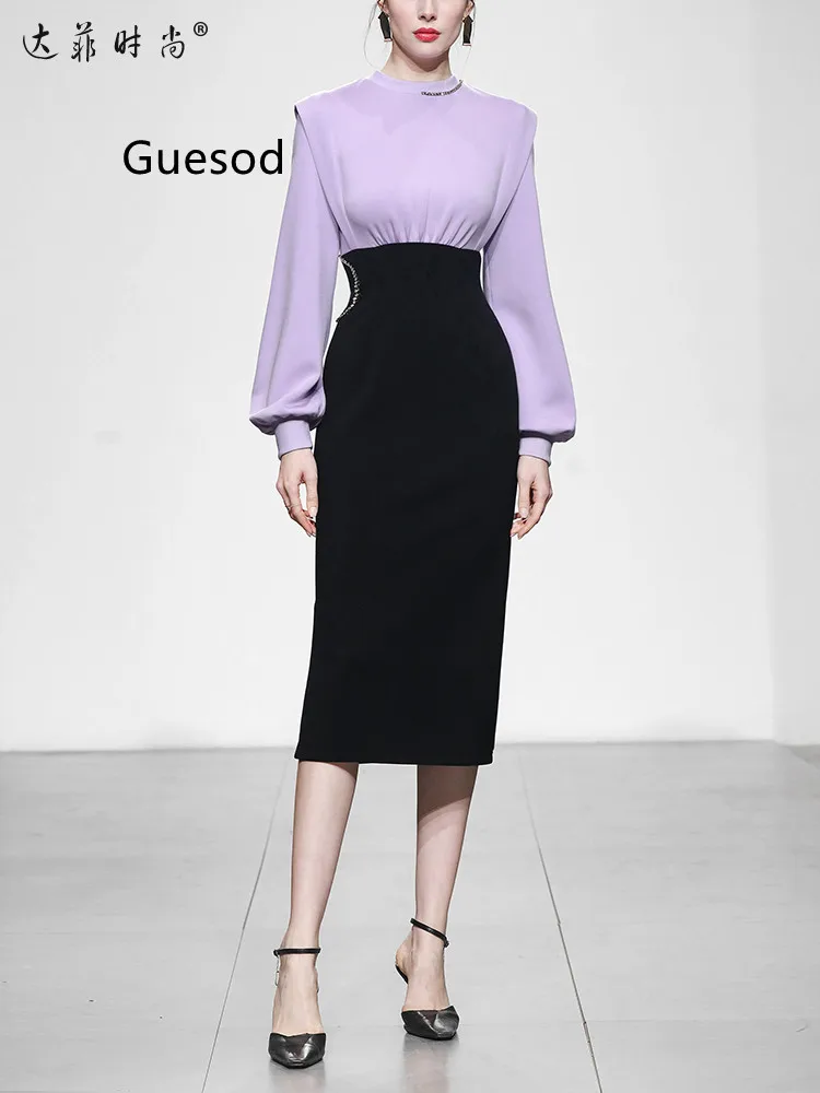 

Women Bud Dress 2023 Spring Fashion Elegant O-Neck Pencil Dress Contrast Color High Waist Slim Dress OL Professional Vestidos