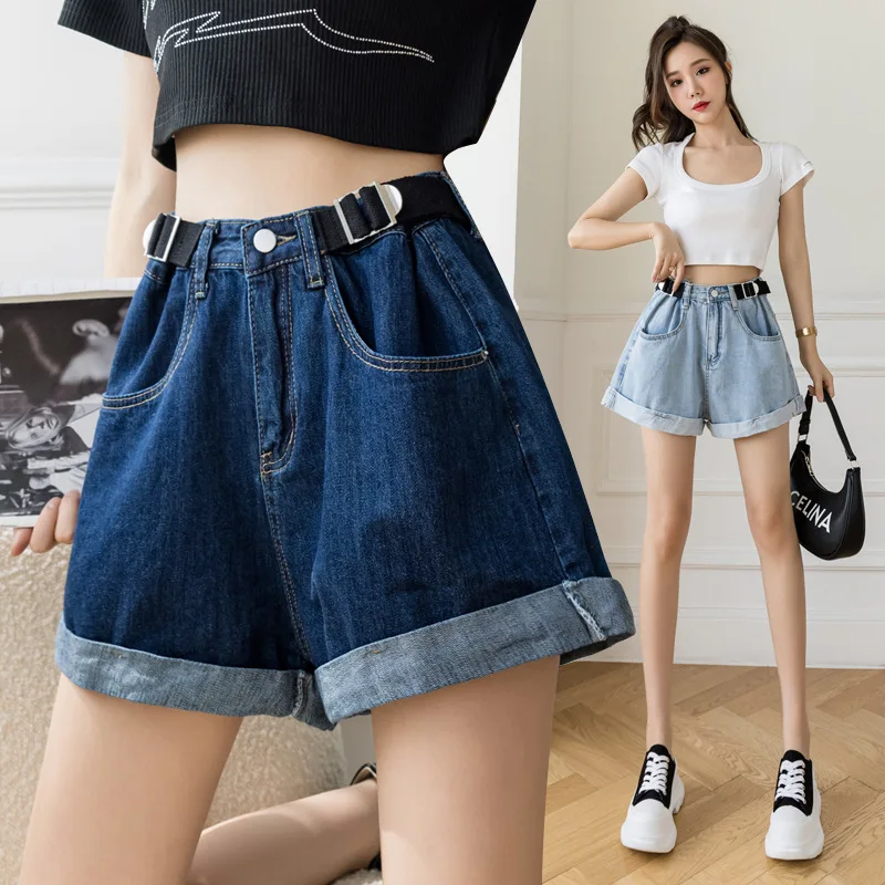 

2021 Summer High Waist Denim Shorts Women Casual Loose Ladies Fashion Roll Up Hem Elastic Waist Pocket Blue White Jeans Female