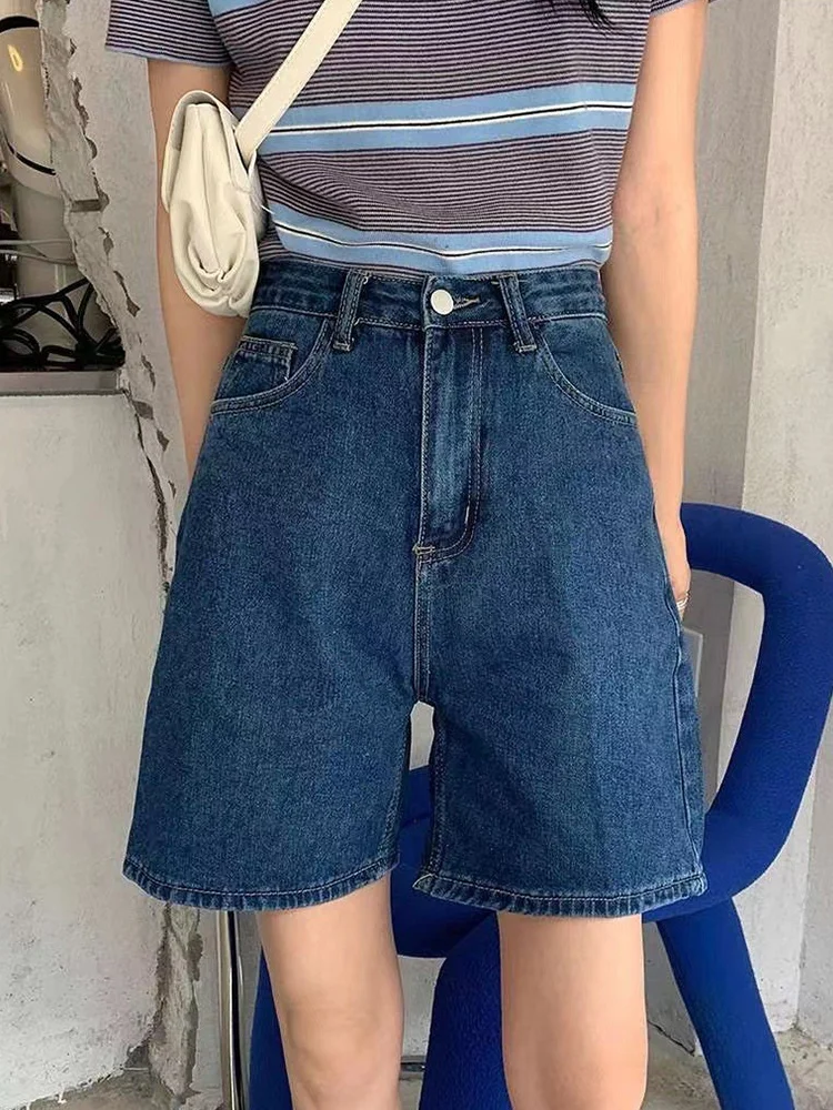 

High Waist Wide Leg Retro Blue Women Denim Shorts Summer Female Casual Straight Loose Jeans Bermuda Shorts Bottoms