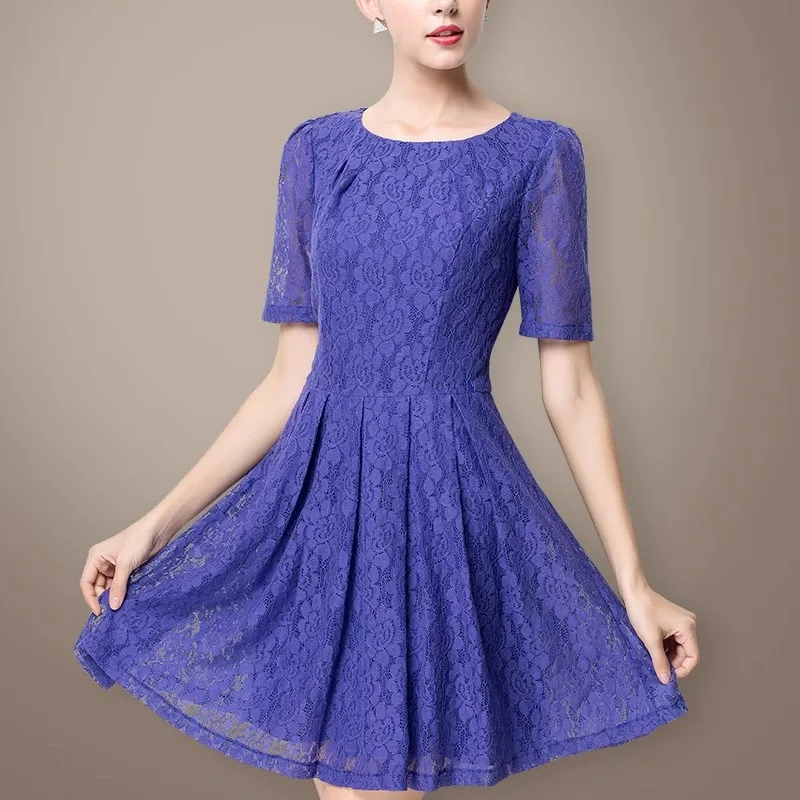 

2023 New European and American Large Women's Blue Lace Short-Sleeve Fluffy Knee-Length Dress Pleated Skirt Hot Female's Clothing