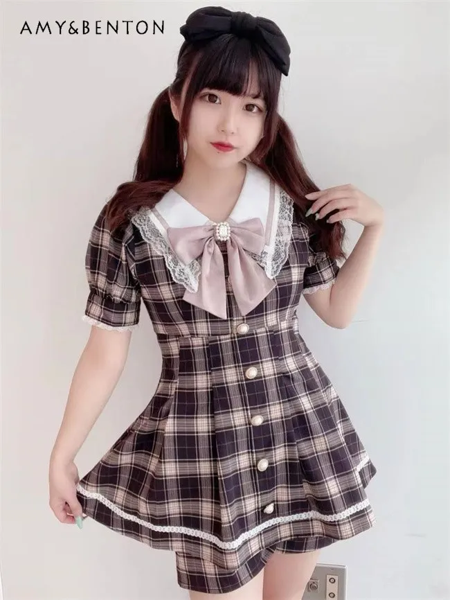 

Летние японские милые комплекты с матросским воротником, клетчатые шорты, платье с пышными рукавами и бантом, узкие шорты с высокой талией, комплекты из двух предметов