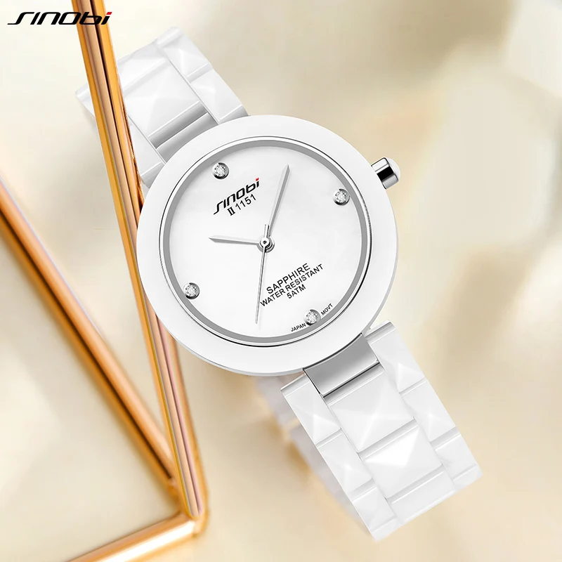 SINOBI New High-End Brand Woman Watches Top Luxury White Ceramic Watch Women's Quartz Wristwatches Elegant Ladies Diamond Clock