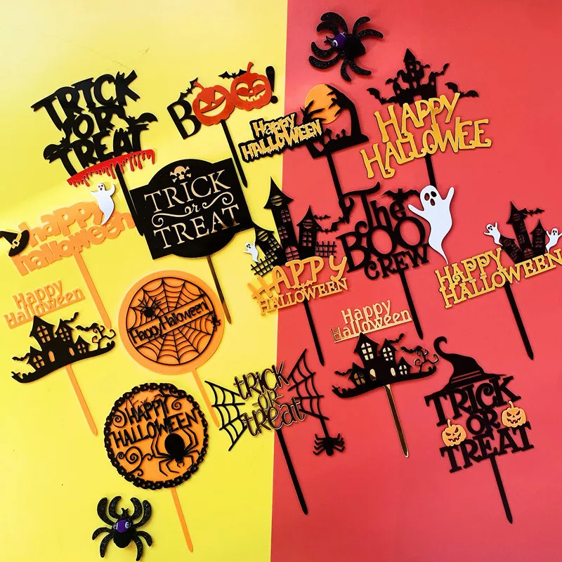 

acrylic happy halloween cake decorations witch spider pumpkin ghost cake toppers for halloween party decor sign topper flag