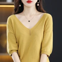 summer new cotton womens v neck hollow t shirt knitted loose half sleeved solid color all match bottoming thin breathable top