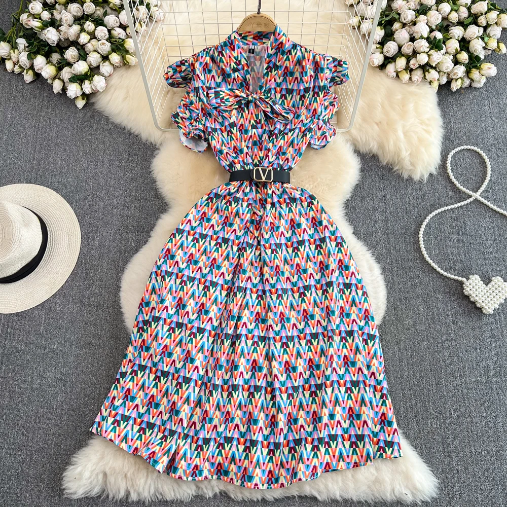 

Женское модельное платье средней длины AELEWELL, дизайнерское винтажное платье с бантом на шее и коротким рукавом, с поясом и надписью, лето