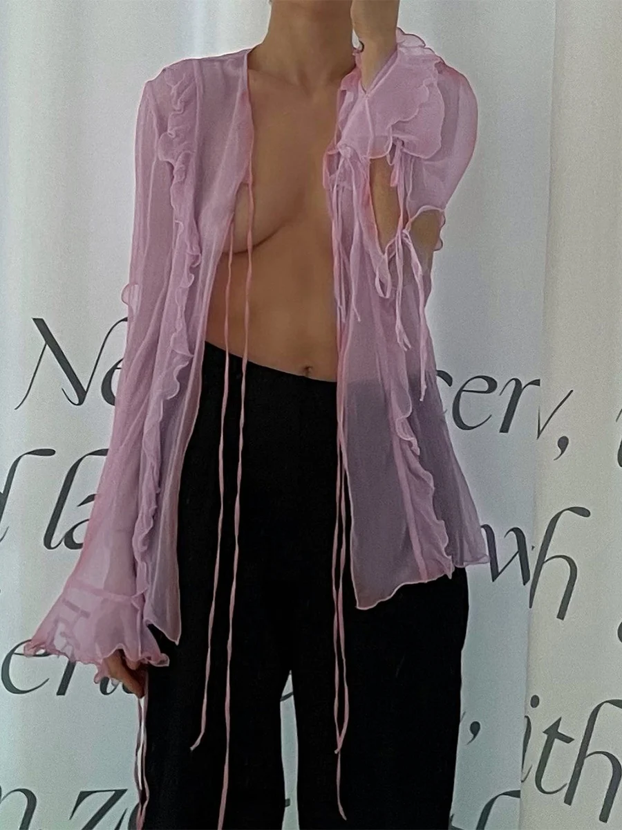 

Women's Sexy Ruffle Trim Tops Y2k See Through Open Front Long Sleeve Tie Up Mesh Cardigan Summer Bikini Cover Ups Shirt