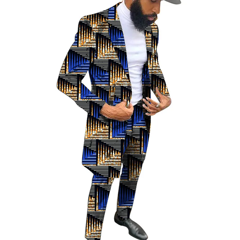 Elegant Blazers Patch Trousers Men Fashion Print Dashiki Long Suit Jackets African Wedding Pant Sets