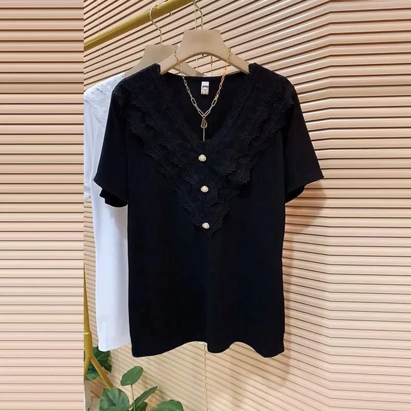 Футболка женская кружевная средней длины с V-образным вырезом и коротким рукавом