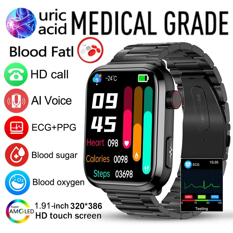 

2023 New Blood Fat Uric Acid Blood Sugar Smartwatch Men ECG Smart Watch Monitoring Non-invasive Blood Glucose Watch For Android