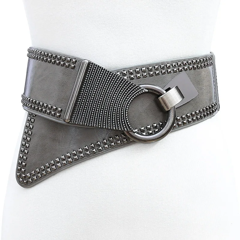 

2021 Fashion Punk Rocker Wide Belts for Women Elastic Wide European Style Women Belts Metal Round Wild Rivet Waistband