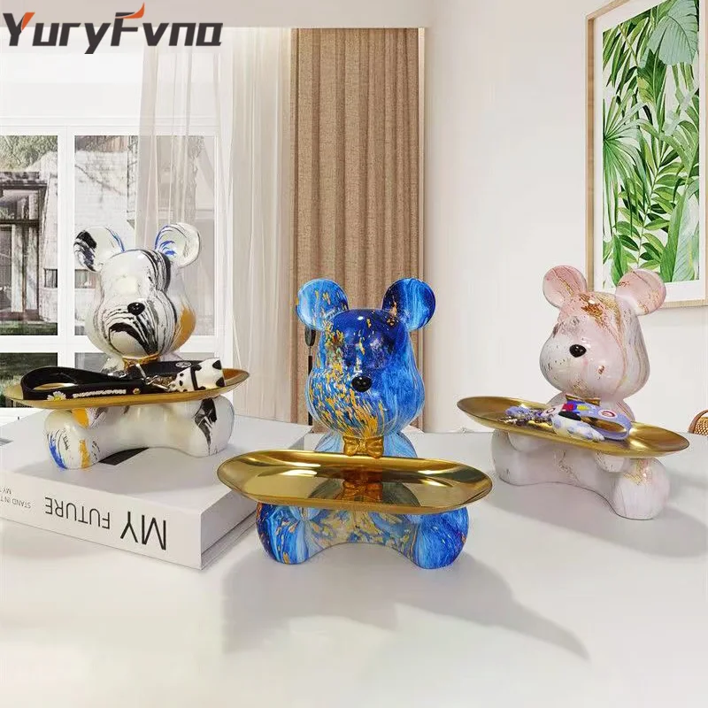 YuryFvna  Graffiti Bear Figurine Home Decoration Animal Statue Keys Storage Shelf Modern Room Sculpture Table Decor  Statues