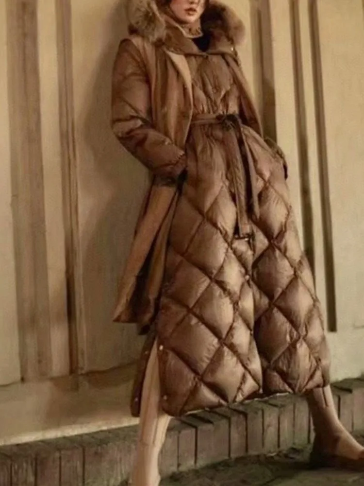 

Женское однобортное Свободное пальто, верхняя одежда, осень-зима 2023, женский пуховик с узором ромбиками, на шнуровке, с простым капюшоном