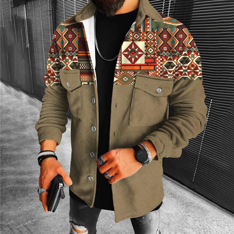 

Autumn Long Sleeve Big Pockets Outwear Casual Winter Men's Coat Tops Vintage Pattern Print Lapel Single Breasted Men Jackets