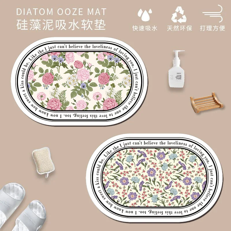 garden floral floor mat soft diatom mud bath rug absorbent non slip bathroom rug oval door mat toilet rug bathroom decoration free global shipping