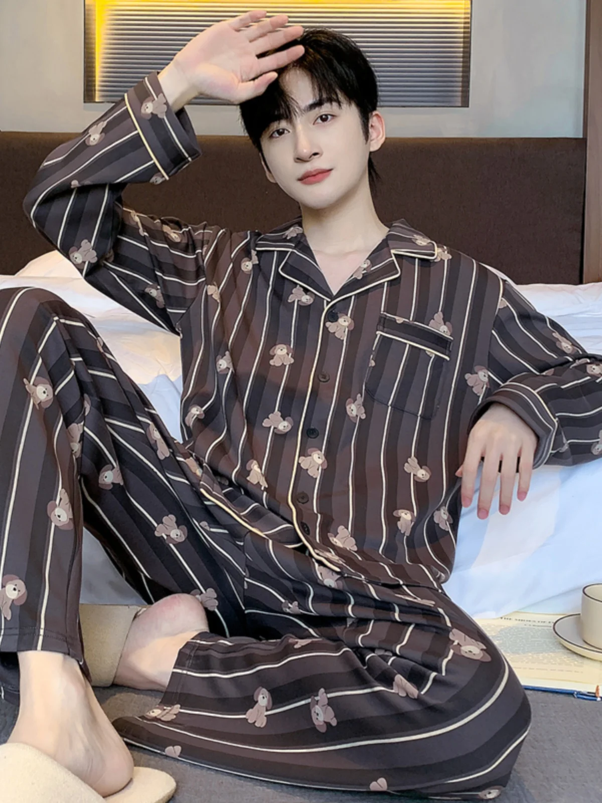 Yueggplant Хлопковая пижама Мужской весенне-осенний кардиган с длинными рукавами из