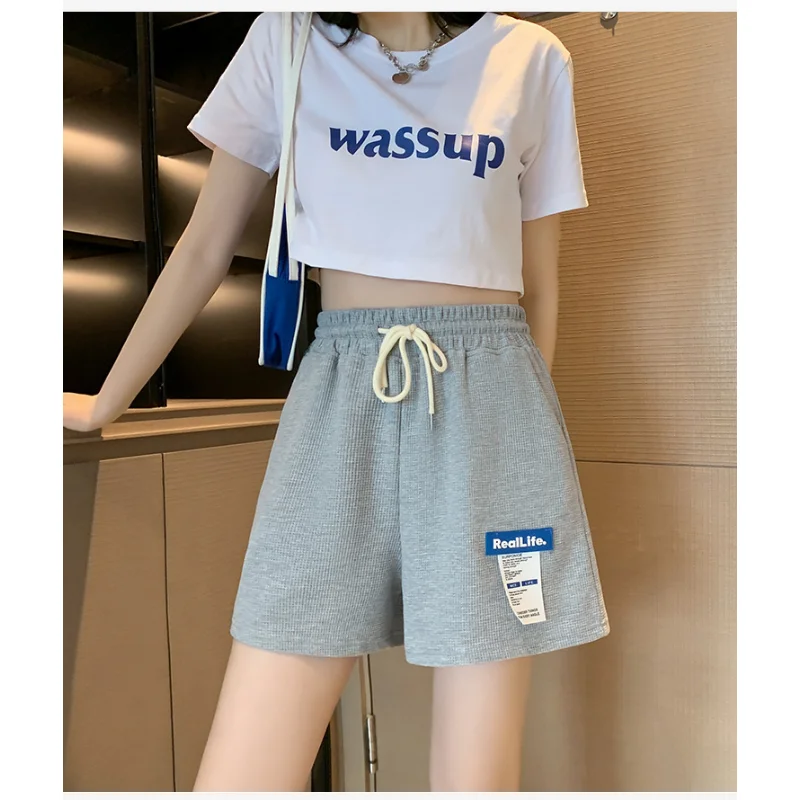 Plus Size Waffle Women Shorts Summer Thin 2023 New Womens Clothing Loose Straight Casual Wide Leg High Waisted Shorts Femme