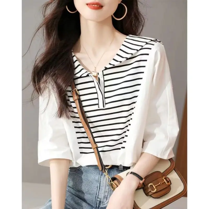 

Fashion Loose Spliced Fake Two Pieces Striped Blouse Women's Clothing 2023 Summer New Casual Pullovers Tops Korean Shirt