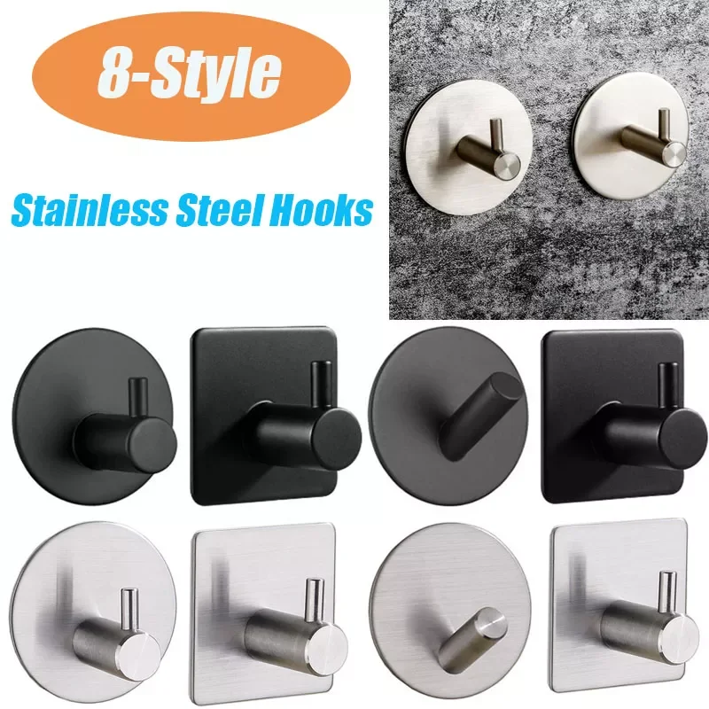 

Stainless Steel Black Robe Bathroom Hooks Self-Adhesive Wall Hook Towel Coat Handbags Key Storage Hook Multi-Purpose Hooks