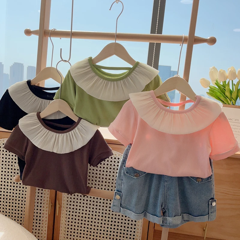 

T-Shirts Pretty Lovely Lively Arder Simple Fashion Children Clothing Loose New Arrivals Lotus Leaf Collar Princess Style Solid