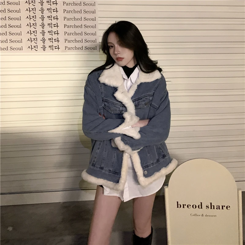 Джинсовое пальто из овечьей шерсти женское короткое Зимняя Толстая теплая