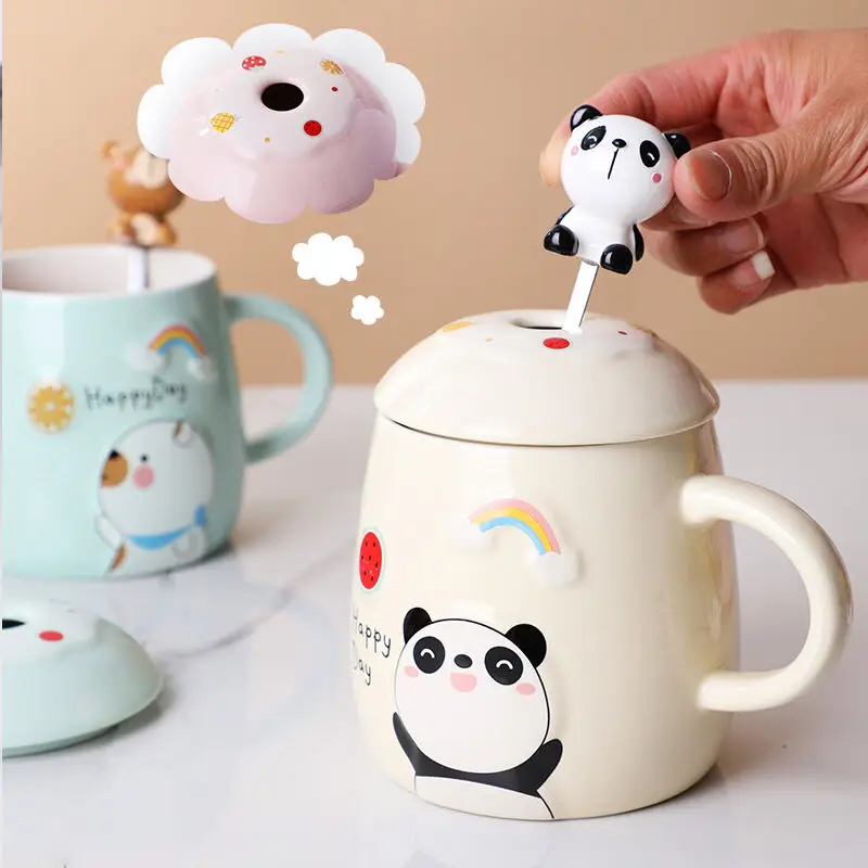 

450ML Cute Animal Cartoon Rabbit Panda Bear Cat Mug with Lid Spoon SimpleCeramic Simple Water Cup Korean Style Creative