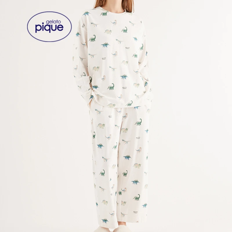 

Room Wear Gelato Pique Autumn and Winter Women's Pajamas Set Sleepwear Homewear Long Sleeve Trousers Dinosaur Print Cotton