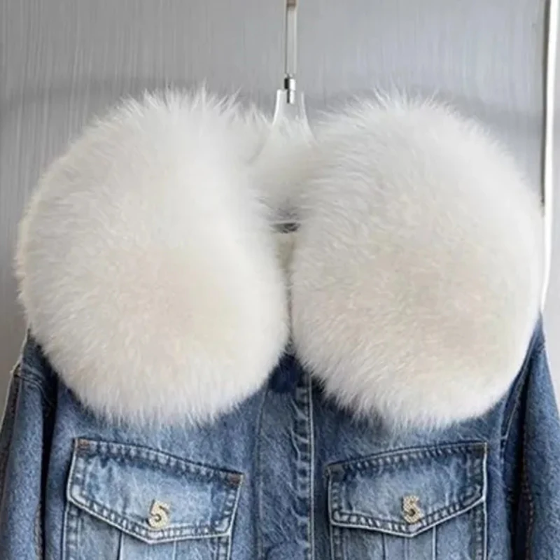 Джинсовые пальто женские зимние парки топы из искусственного лисьего меха