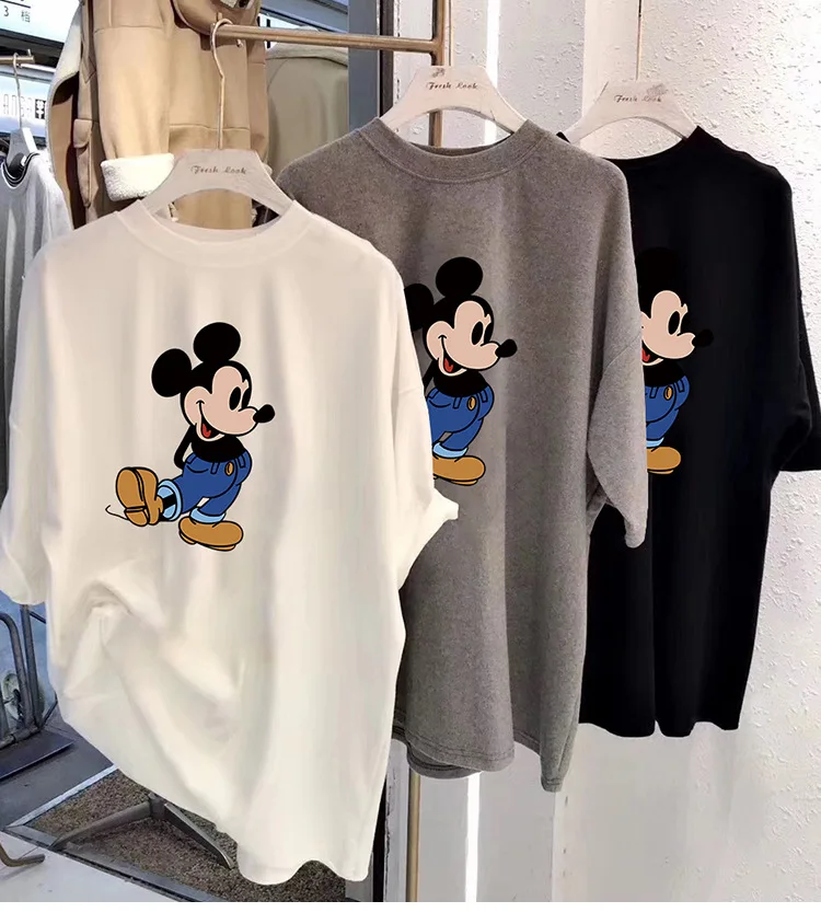 

Women Cute Mickey Mouse Cartoon Print O-neck Sweater Short Sleeve White Chic T-shirt Casual Fashion Women T Shirt Vintage
