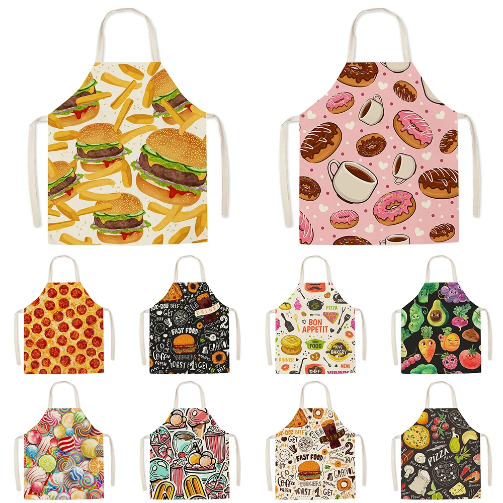 

Women's Cartoon Food Pattern Kitchen Apron Men's Burger Print Adult Kids Sleeveless Apron Waterproof Home Cleaning Tools