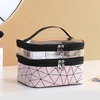 new double layer cosmetic bag lattice portable ladies makeup case multi functional storage organizer toiletry beauty container