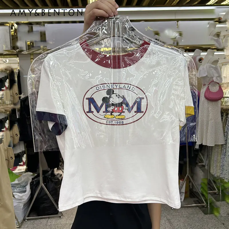 

2023 Summer New Korean Style Cartoon Fun Printed Shoulder Short T-shirt Short Sleeve Female Sweet Girl Tight Top Thin Tshirts