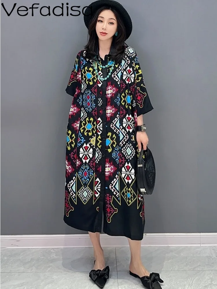 

Vefadisa Fashion Casual POLO Collar Dress Flower Print Women Black White Trendy Girl 2023 New Spring Summer Shirt Dress ZY647