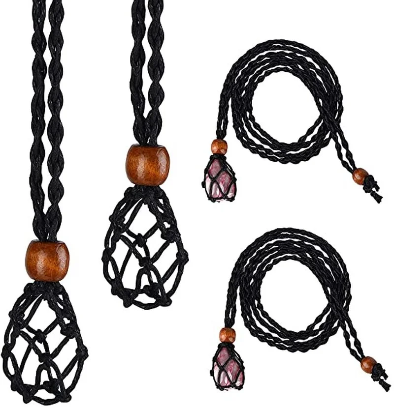 

2pcs Necklace Cord Empty Meditation Stone Holder Natural Quartz Crystals Healing Stone Chakra Point Fish Netted Indians Amulets