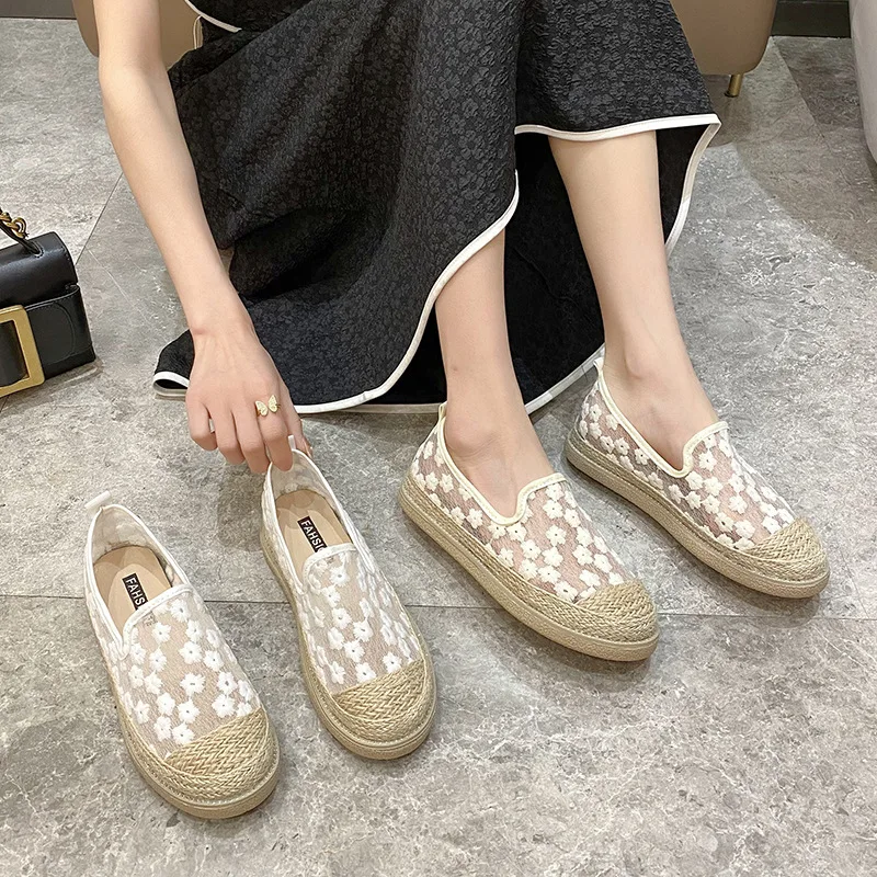 

Korean Style Fashion Woven Linen Women's Shoes 2023 Summer New Embroidery Mesh Hollow Out Flat Shoes for Women Zapatos De Mujer