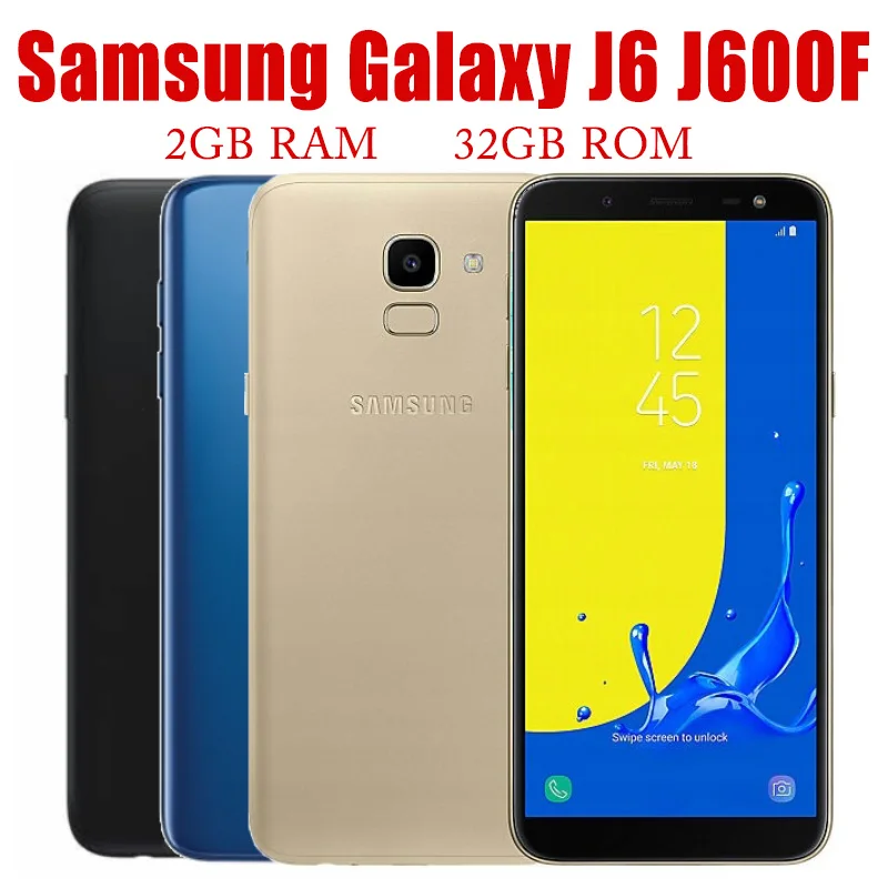 

Мобильный телефон Samsung Galaxy J6 J600F, 2 Гб ОЗУ 32 Гб ПЗУ, 13 МП, 5,6 дюйма, сотовый телефон Android, сканер отпечатка пальца, Оригинальный разблокированный смартфон с двумя Sim-картами