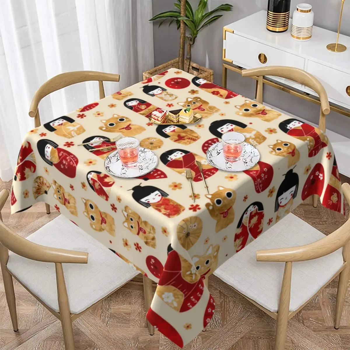 

Japanese Anime Tablecloth Kokeshi and Maneki Neko Cats Protection Birthday Party Table Cover Elegant Print Polyester Table Cloth