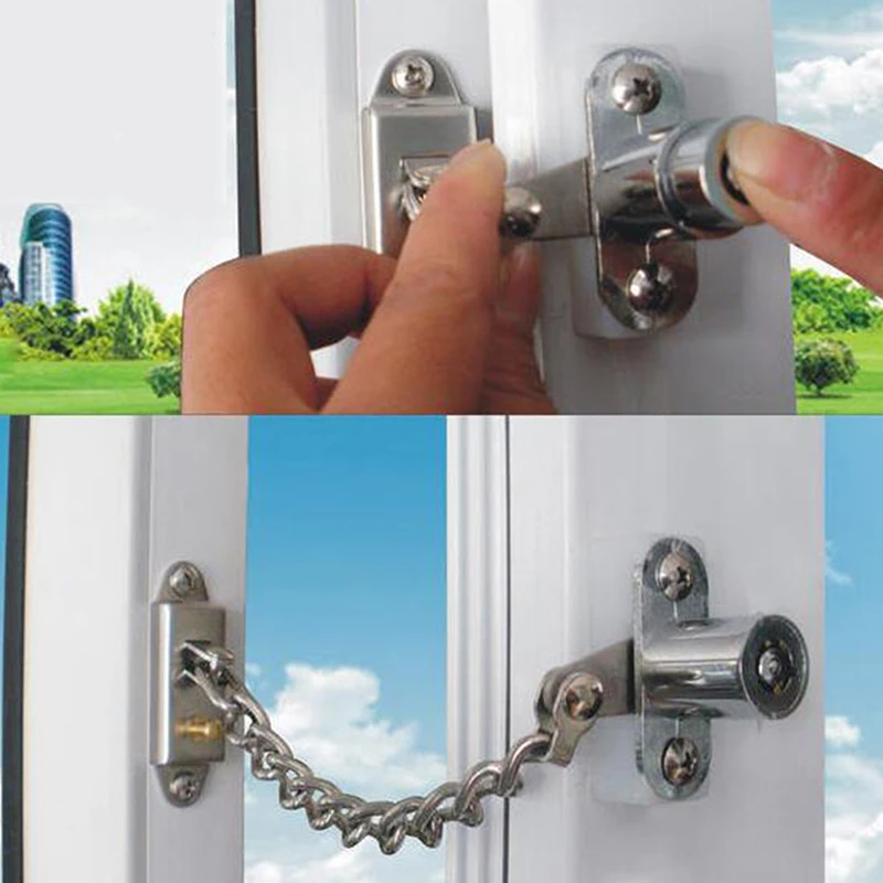 

Silver Stainless Steel Window Chain Lock Guard Door Restrictor Child Safety Security Chain Lock With Key Set
