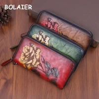 bolaier classic mens and womens brown wallet embossed vintage flowers purse high quality genuine leather crafted to be durable